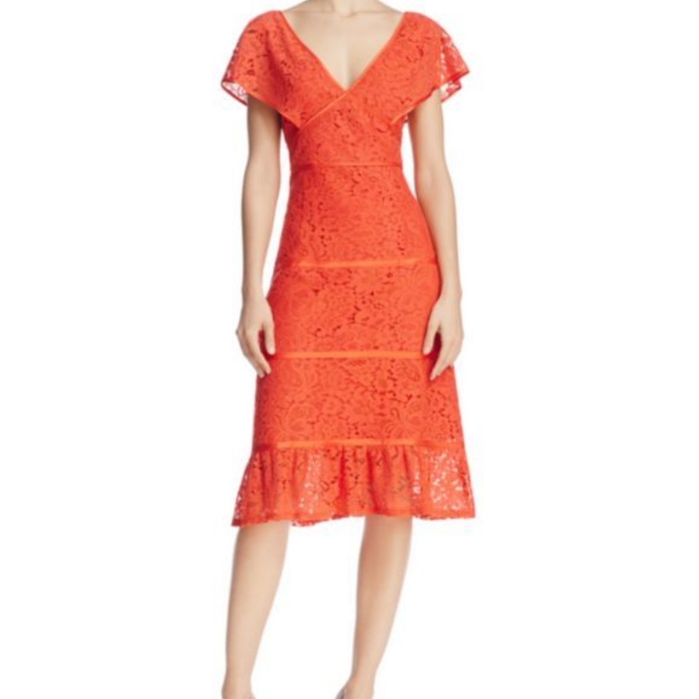 Nanette Lepore Coral-Orange Lace Midi Dress with Ruffle Hem